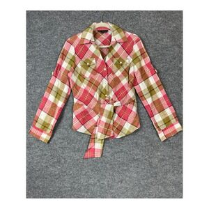 Jones New York Signature Womens Blouse Sz Small Pink Plaid Tie Front Linen Shirt